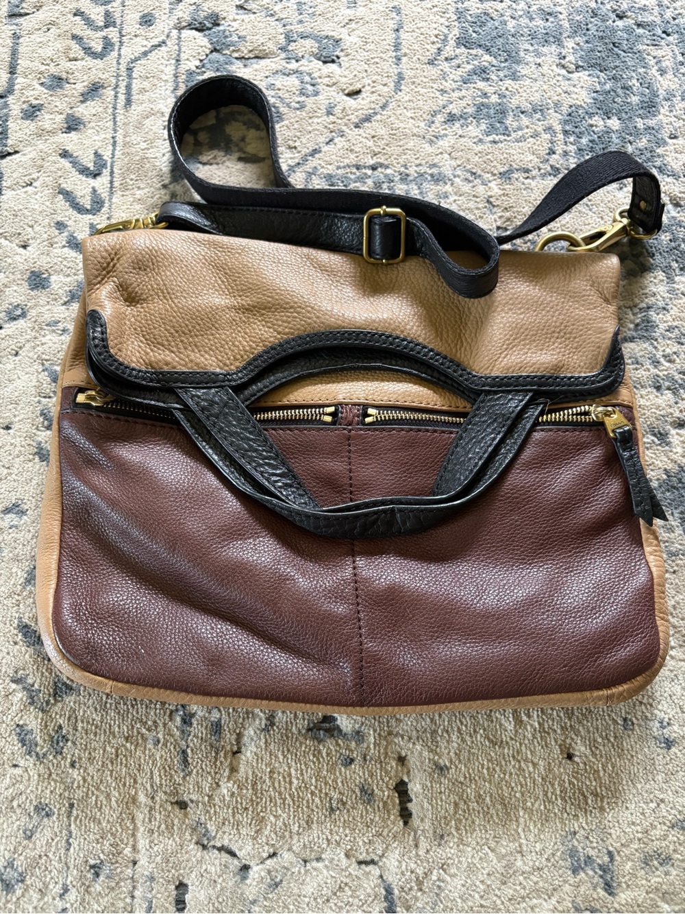 Fossil Two-Tone Brown, Tan & Black Leather Crossbody Bag